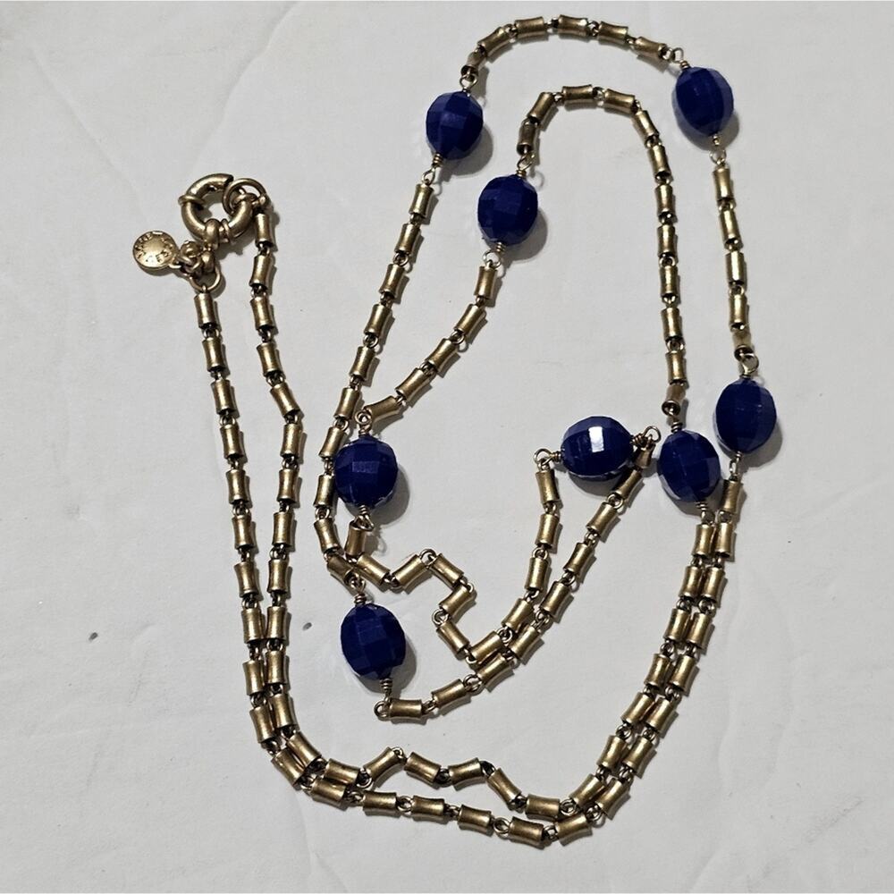 J Crew Navy Blue Faceted Bead Gold Tone Cylinder Link Long Station Necklace 34in
